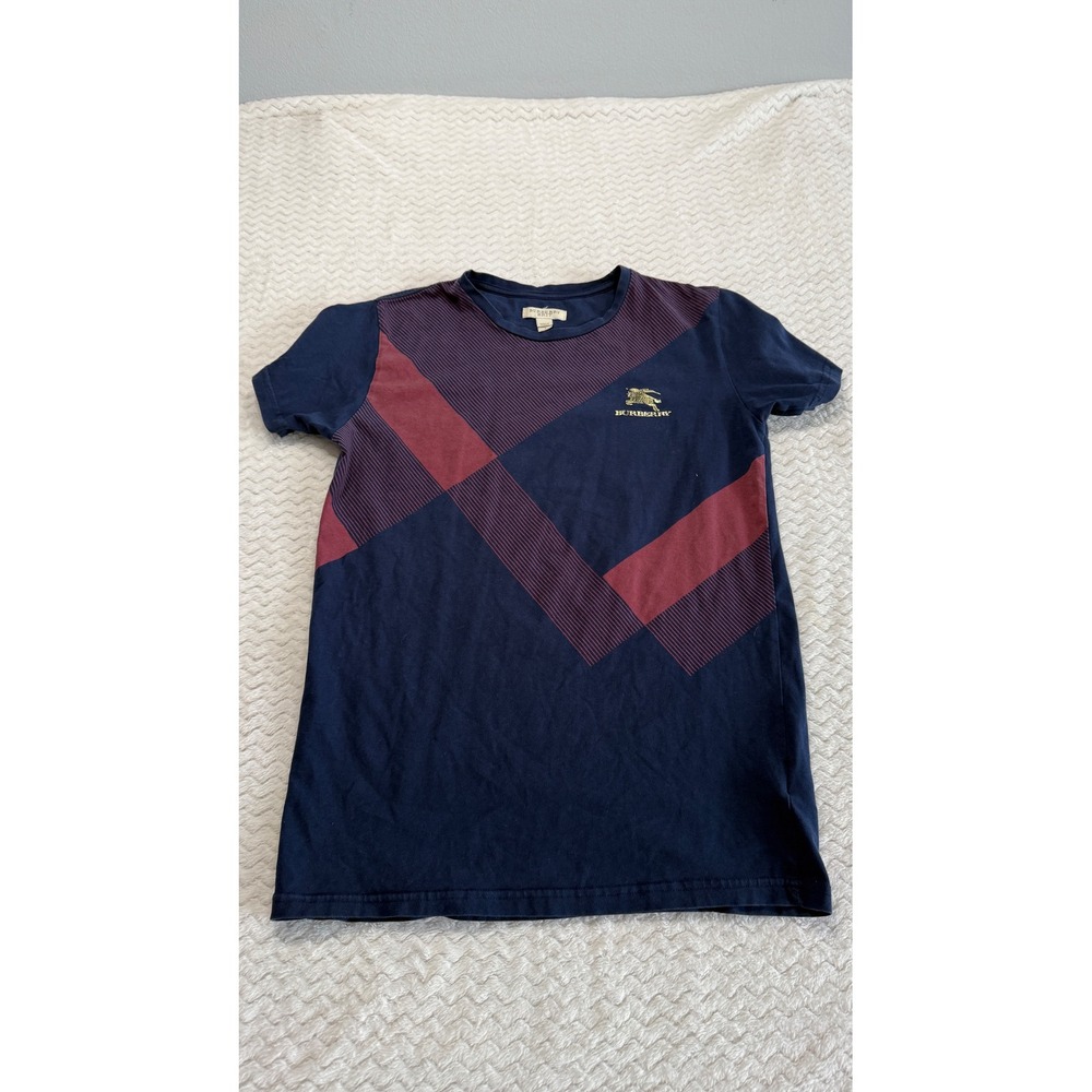 Burberry Brit Mens Navy Blue Diagonal Check Gold Logo Cotton T-Shirt Small